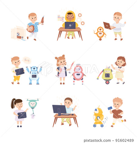 Little Kids Using Smart Technology and Artificial Intelligence Engineering and Programming Vector Set Little Kids Using Smart Technology and Artificial Intelligence Engineering and Programming Vector Set 91602489