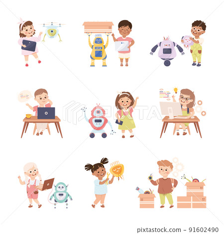 Little Kids Using Smart Technology and Artificial Intelligence Engineering and Programming Vector Set 91602490