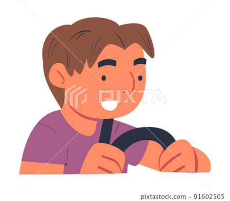 Smiling Man Driver Sitting in Car with Belt and Steering Wheel Traveling by Auto Vector Illustration 91602505