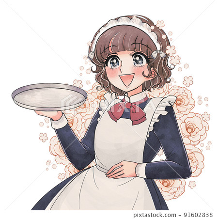 A cute maid with a shojo manga-style illustration material and a tray 91602838