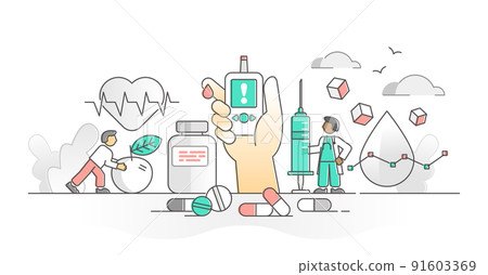 Diabetes as blood sugar level control with insulin monocolor outline concept Diabetes as blood sugar level control with insulin monocolor outline concept 91603369