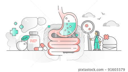 Gastroenterology as stomach and digestive system monocolor outline concept Gastroenterology as stomach and digestive system monocolor outline concept 91603379