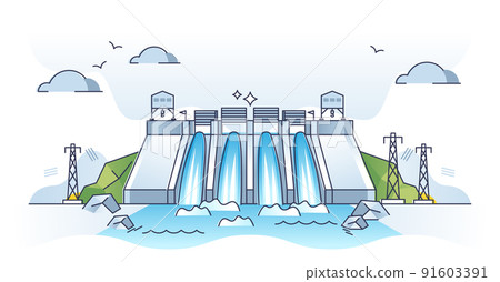Hyro energy plant or hydroelectricity for power production outline concept 91603391
