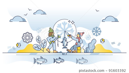 Ice fishing hobby as catching fish in seasonal winter time outline concept Ice fishing hobby as catching fish in seasonal winter time outline concept 91603392