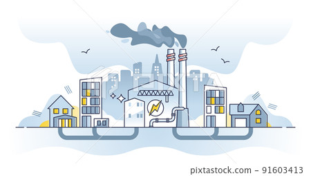 Powering buildings with electricity from power plant station outline concept Powering buildings with electricity from power plant station outline concept 91603413
