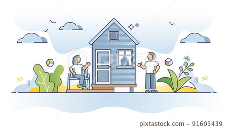 Tiny house building as small and compact home property outline concept Tiny house building as small and compact home property outline concept 91603439