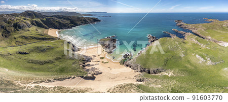 Aerial view of the Murder Hole beach, officially called Boyeeghether Bay in County Donegal, Ireland 91603770