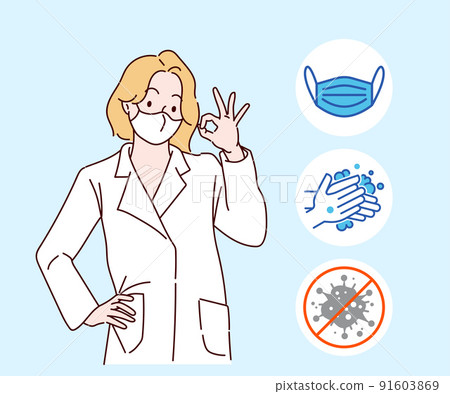 Young woman is wearing face mask and showing OK sign, smiling and confident. Hand drawn in thin line style, vector illustration. (A Mask can be removable) 91603869
