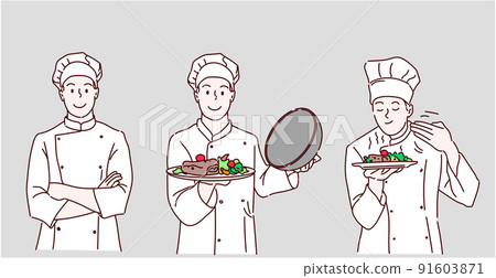 Excited man chef cook wearing uniform showing fresh green salad on a plate.Hand drawn in thin line style, vector illustration. 91603871
