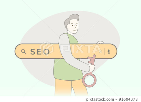 SEO - Search Engine Optimization concept. Improve quality and quantity traffic to website from search engines. Hand-drawn style seo specialist holds search bar under his arm and a key in his hand SEO - Search Engine Optimization concept. Improve quality and quantity traffic to website from search engines. Hand-drawn style seo specialist holds search bar under his arm and a key in his hand 91604378