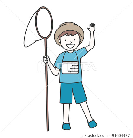 A boy with an insect net and a cage A boy with an insect net and a cage 91604427