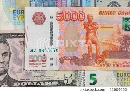 Money from different countries: dollars, euros, rubles. International currencies background. 91604660