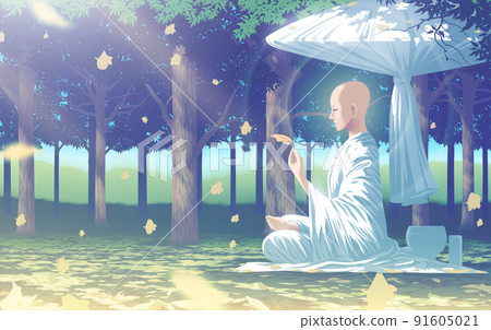 a female monk is considering TriLakshana of a dry leaf in her hand 91605021