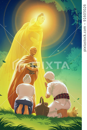 a monk is giving a blessing to an old man and old woman for their offering alms to a monk with the image of Gautama Buddha behind 91605026