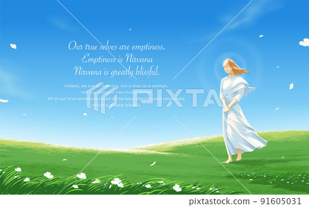 a female layperson in practitioner suit practicing movement meditation to sweep away passions 91605031