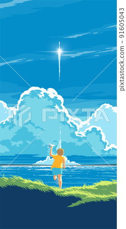 a little boy is holding a model rocket and running with excitement to chase a space rocket that is launching from the farther base. a little boy is holding a model rocket and running with excitement to chase a space rocket that is launching from the farther base. 91605043