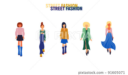 Collection of stylish young women dressed in trendy clothes. Vector fashion illustration. Collection of stylish young women dressed in trendy clothes. Vector fashion illustration. 91605071