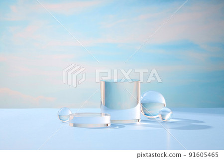 Front view of transparent podium decorated in blue cloudy background Front view of transparent podium decorated in blue cloudy background 91605465