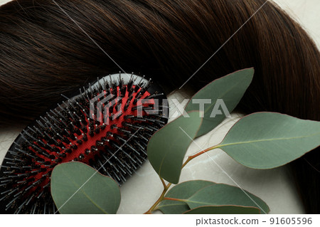 A lock of female hair, hairbrush and branch on light background A lock of female hair, hairbrush and branch on light background 91605596