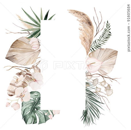 Wedding boho Watercolor frame with beige and teal green tropical leaves and orchid flowers illustration 91605684