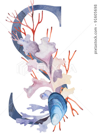 Blue capital letter S decorated with watercolor seaweeds, corals and seashells illustration. 91605698