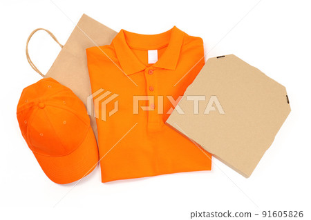 T-shirt, cap, bag and pizza box isolated on white background T-shirt, cap, bag and pizza box isolated on white background 91605826