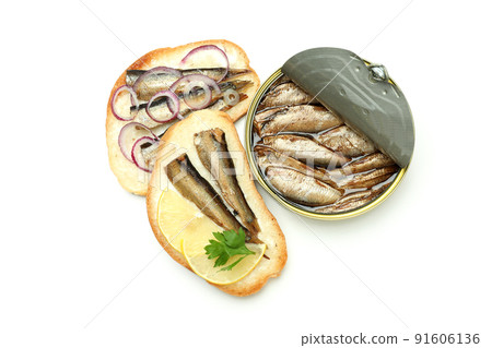 Sandwiches with sprats isolated on white background 91606136