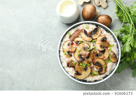 Concept of tasty food with risotto with mushrooms, space for text Concept of tasty food with risotto with mushrooms, space for text 91606173