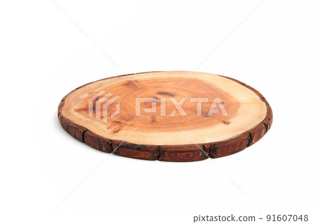Wooden stand for a dish isolated on a white background. Tree trunk cut for product presentation demonstration Wooden stand for a dish isolated on a white background. Tree trunk cut for product presentation demonstration 91607048