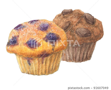 Muffin (blueberry & chocolate) watercolor pencil cake illustration Muffin (blueberry & chocolate) watercolor pencil cake illustration 91607049