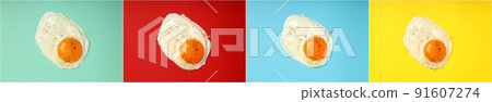 Photo collage of fried egg on different backgrounds 91607274