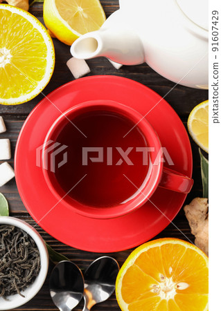 Concept of hot drink with tea, close up Concept of hot drink with tea, close up 91607429