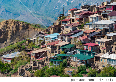 houses on a rocky slope in the mountain village of Chokh in Dagestan houses on a rocky slope in the mountain village of Chokh in Dagestan 91607715