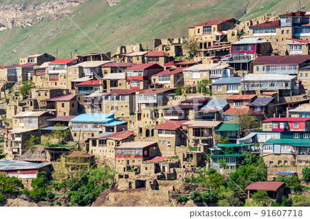view of the mountain village Chokh on a mountainside in Dagestan view of the mountain village Chokh on a mountainside in Dagestan 91607718