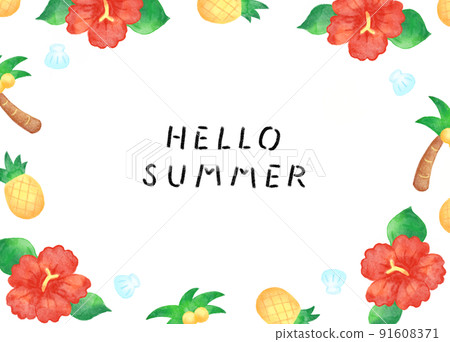 Watercolor hand-painted natural cute summer resort hibiscus frame 91608371