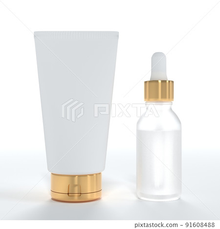 Cosmetic cream tube and serum bottle 3D render on white background, product packaging mock-up 91608488