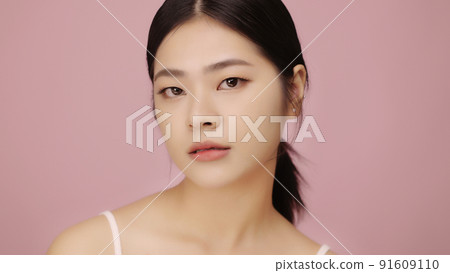 Close up face of beautiful young Asian woman with clear skin on pink background. Close up face of beautiful young Asian woman with clear skin on pink background. 91609110