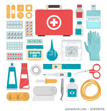 First aid kit set vector isolated. Medical tools 91609208