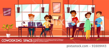 Vector cartoon coworking space with people Vector cartoon coworking space with people 91609443