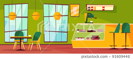 Cafe or cafeteria interior vector cartoon illustration Cafe or cafeteria interior vector cartoon illustration 91609448