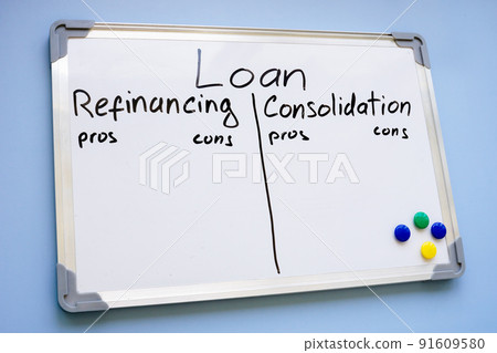 Whiteboard with written words Loan refinancing vs consolidation. Whiteboard with written words Loan refinancing vs consolidation. 91609580