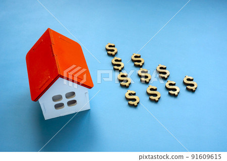 House model and dollar signs. Reverse mortgage concept. 91609615