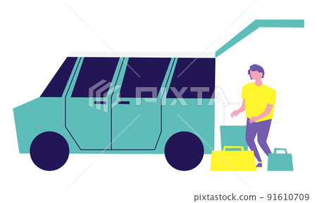 一個男人在汽車後備箱裡收拾行李的插圖 91610709