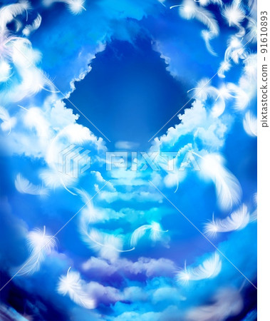 一個奇妙的瀕死體驗插圖,其中天使的白色翅膀與通向天堂的雲梯和天堂之光一起跳舞。 一個奇妙的瀕死體驗插圖,其中天使的白色翅膀與通向天堂的雲梯和天堂之光一起跳舞。 91610893