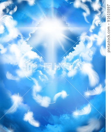 一個奇妙的瀕死體驗插圖，其中天使的白色翅膀與通向天堂的雲梯和天堂之光一起跳舞。 91610897