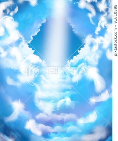 A fantastic near-death experience illustration in which the white wings of an angel dance with the cloud stairs leading to heaven and the light of the heavens. A fantastic near-death experience illustration in which the white wings of an angel dance with the cloud stairs leading to heaven and the light of the heavens. 91610898