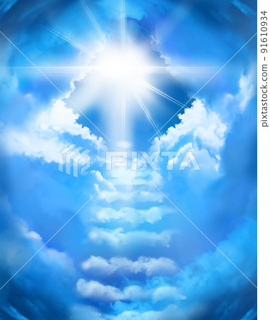 Fantastic near-death experience illustration with cloud stairs leading to heaven and heavenly light 91610934