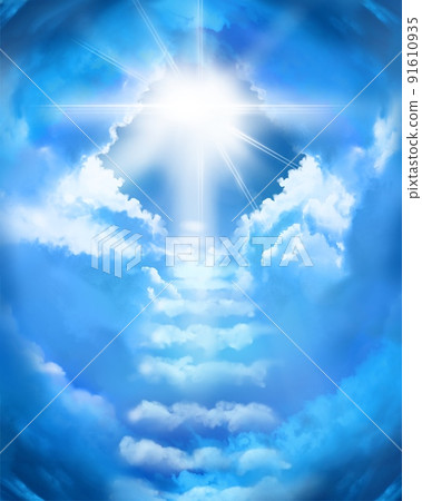 Fantastic near-death experience illustration with cloud stairs leading to heaven and heavenly light Fantastic near-death experience illustration with cloud stairs leading to heaven and heavenly light 91610935