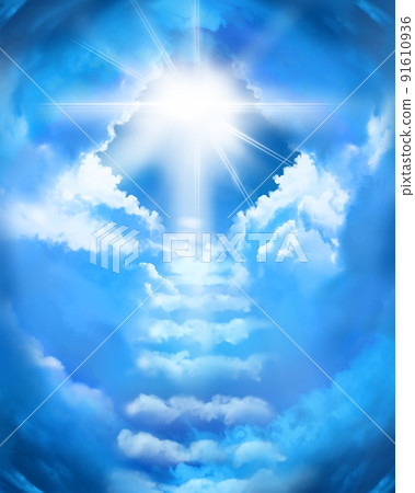 Fantastic near-death experience illustration with cloud stairs leading to heaven and heavenly light 91610936
