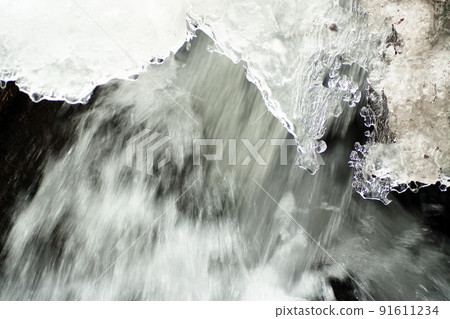 A small active waterfall. Clean mountain stream, snowy winter landscape, wildlife background A small active waterfall. Clean mountain stream, snowy winter landscape, wildlife background 91611234